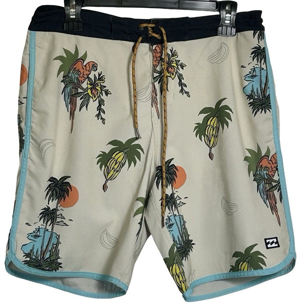 Billabong Recycler Lo Tide Parrot And Palm Trees‎ Board Shorts Size 30 Vacation